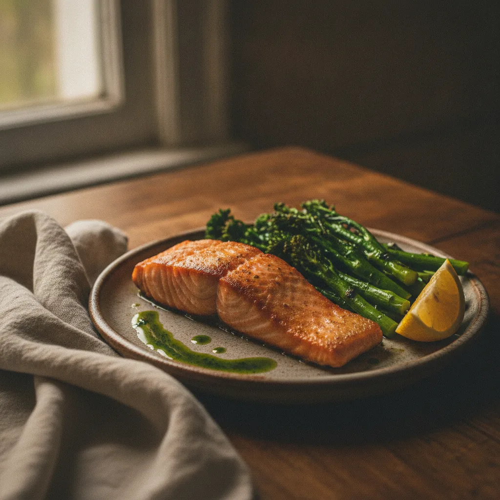 Salmon with roasted greens